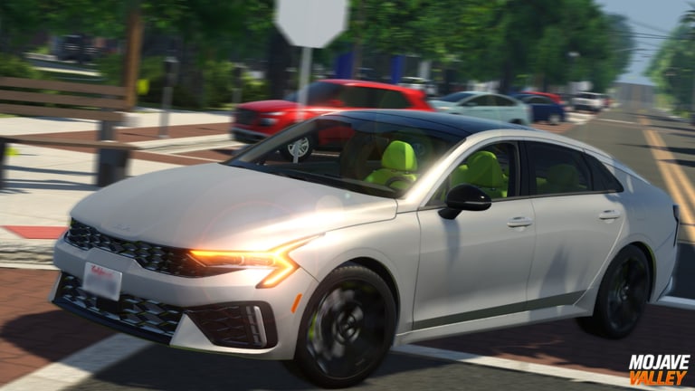 Silver sedan with lime interior driving a Mojave Valley street on Roblox